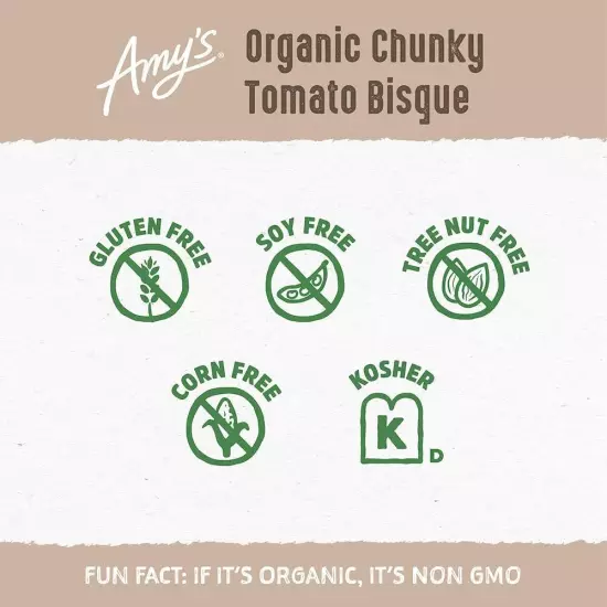 Amy’s Soup Chunky Tomato Bisque Gluten Free Made With Organic Tomatoes and Cr...