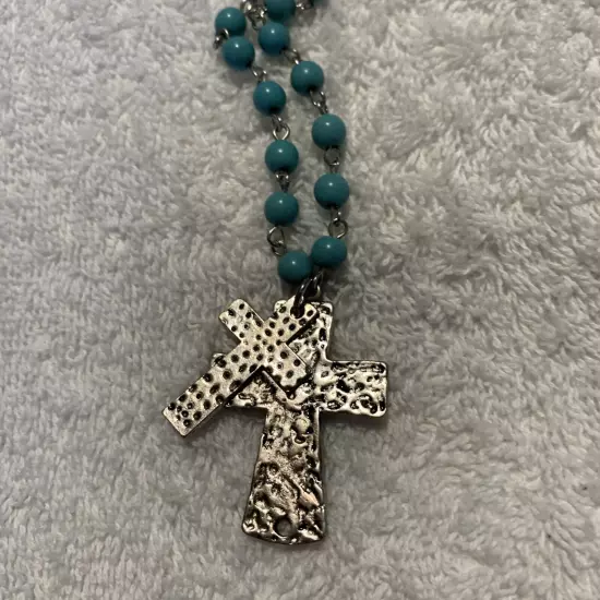 Sarah's silver Cross and turquoise synthetic stone Necklace Lead/Nickel Free