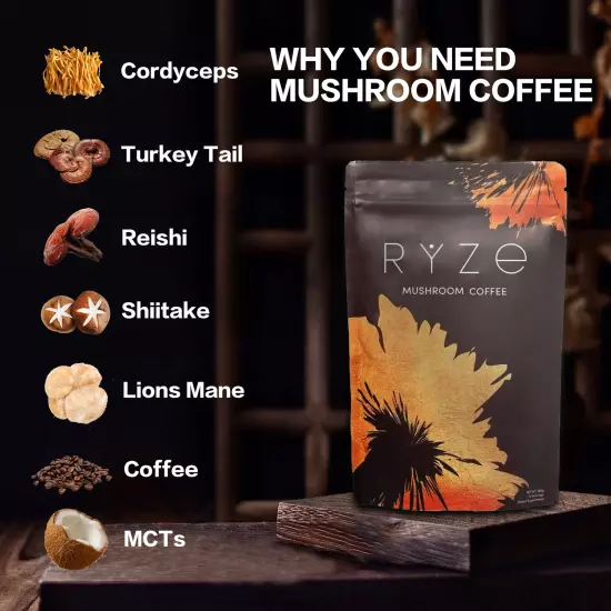 RYZE Mushroom Coffee 30 Servings - Organic Coffee Supplement - Boost Energy