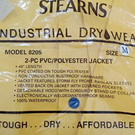 Stearns Safety Yellow Waterproof Detachable Hood Medium 2PC PVC Rain Jacket NEW