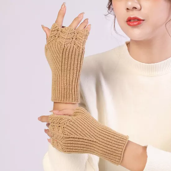 Womens Fingerless Gloves Wool Knitted Mittens Wrist Half Finger Short Gloves