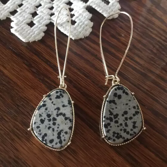 Genuine Stone Drop Dangle Hook Earrings Dalmatian Jasper C&C California