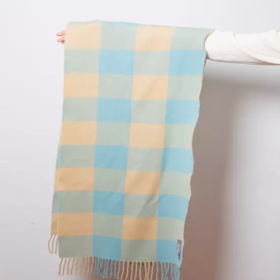 MAX MARA Lambswool Scarf Long Plaid Beige and Light Blue Winter Scarf Soft Scarf