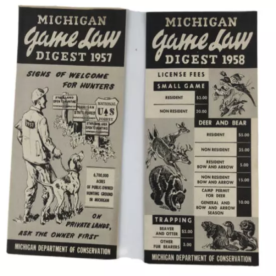 VINTAGE 1957 & 1958 MICH GAME LAW DIGEST ~ LIC FEES DEER BEAR TRAPPING SM. GAME