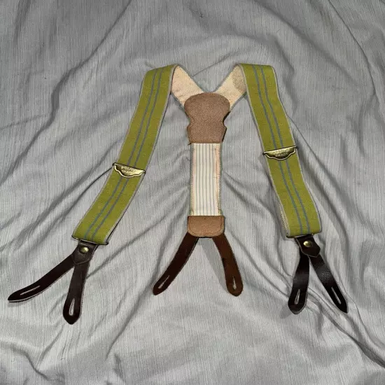 Vintage 1950s Police Brace Y-Back Suspenders Stripe Green Leather Tabs