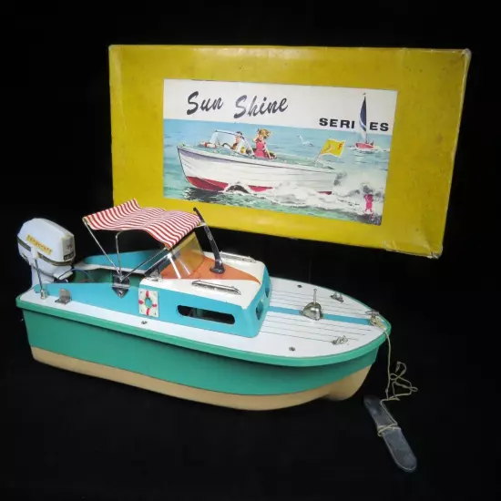 VINTAGE 1960's BANDAI JAPAN 13" SUN SHINE SERIES WOOD & PL BOAT W OUTBOARD BOXED