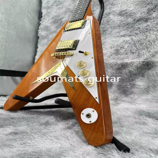 Natural Flying V Electric Guitar Accessories Mahogany Neck Gold Hardware