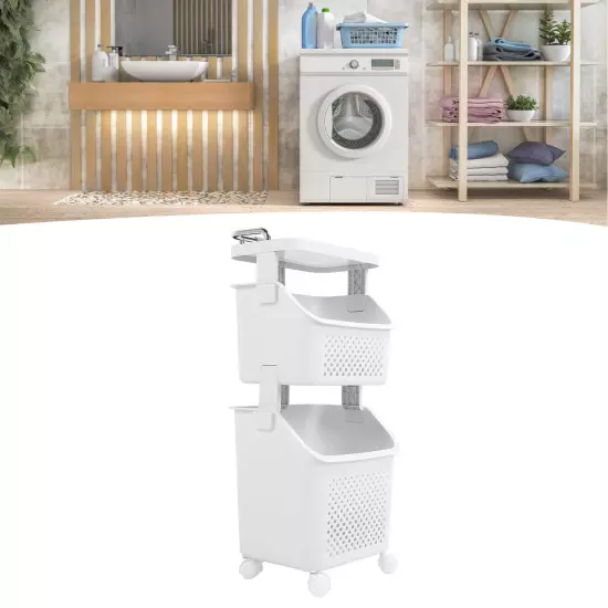 2 Layers Rolling Laundry Hamper PP ABS Laundry Shelf Clothes Storage Basket