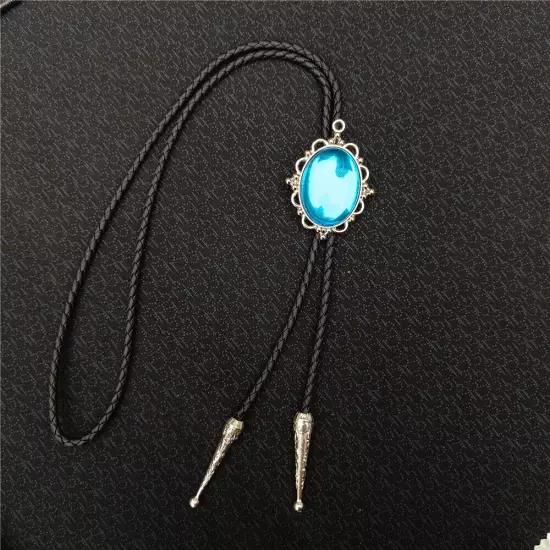 Vintage Men BOLO Tie Blue Gem Cabochon Necklace Wedding Alloy Western Cowboy