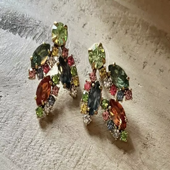 J Crew Crystal Leaf Multicolor Crystal Cluster Stud Statement Earrings