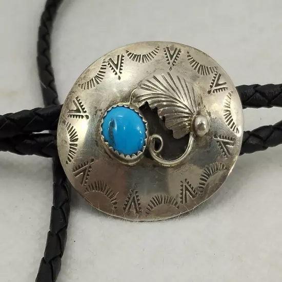 Vintage Silver Bolo Tie Adjustable Clip w Turquoise Leaf Black Leather Cord