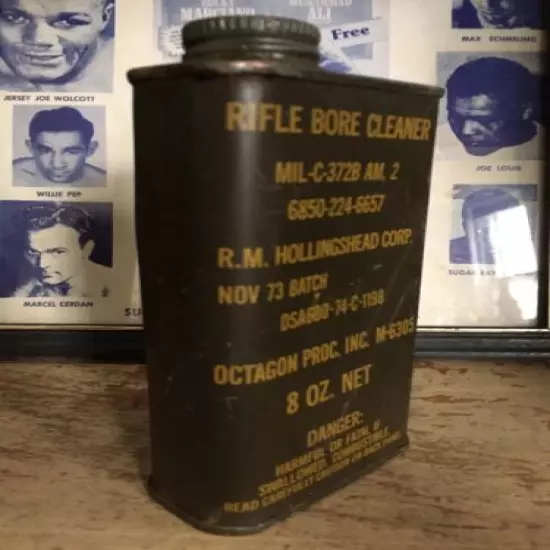 Vintage Rifle Bore Cleaning Oil Hollingshead 1973 US Army Military Tin Can Gun