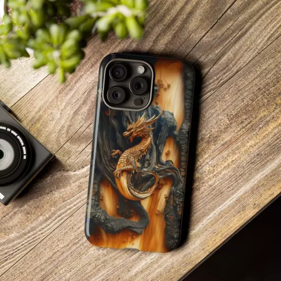 For iPhone, Samsung Galaxy, Pixel - Phone Case Cover - Carved Wood Dragon Print