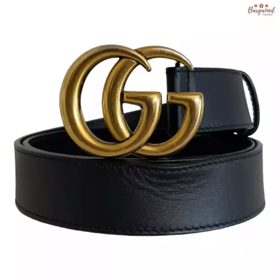 Authentic Gucci Black Calfskin Leather Gold Double G Buckle Slim Belt 80/32