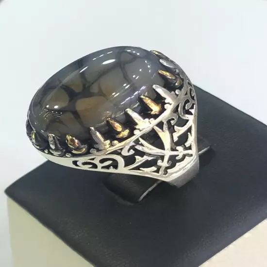 Men Silver Ring 925 Sterling Yemen Aqeeq Agate خاتم عقيق يمني شجري مصور حبة فحل