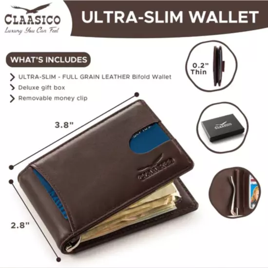 New: Small Bifold Full Grain Genuine Leather Money Clip Wallet with Pull Strap