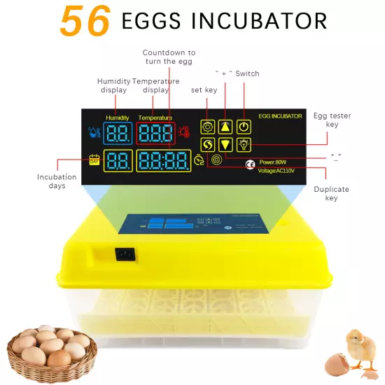 48/56/96 Digital Eggs Incubator Egg Hatcher Temperature Control Automatic 80W