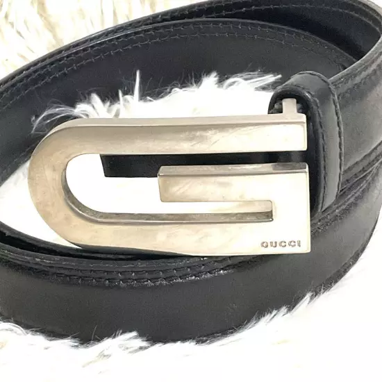 GUCCI Belt G Logo Leather Silver Hardware Black Men