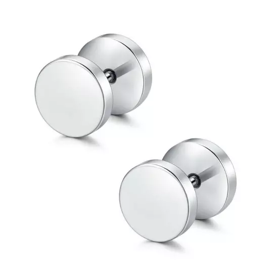 Pair Flat Round Barbell Plug Stud Earrings Surgical Stainless Steel Mens Unisex