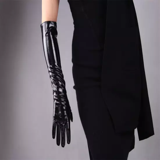 LATEX GLOVES Shine Leather Faux Patent Vegan PU 8" 21cm Short Basic Shine Black