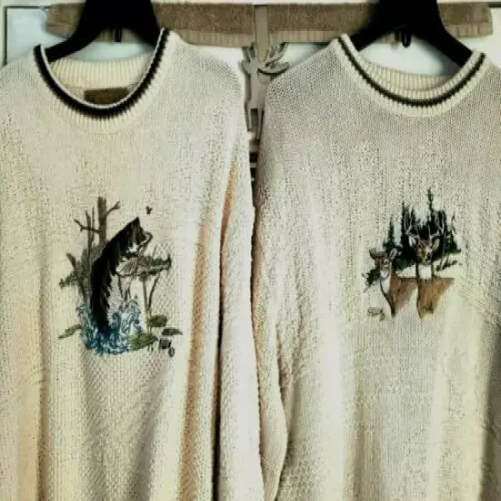 FREE SHIPPING! FISH or DEER APPLIQUE COZY IVORY SWEATERS! XL & XLT 