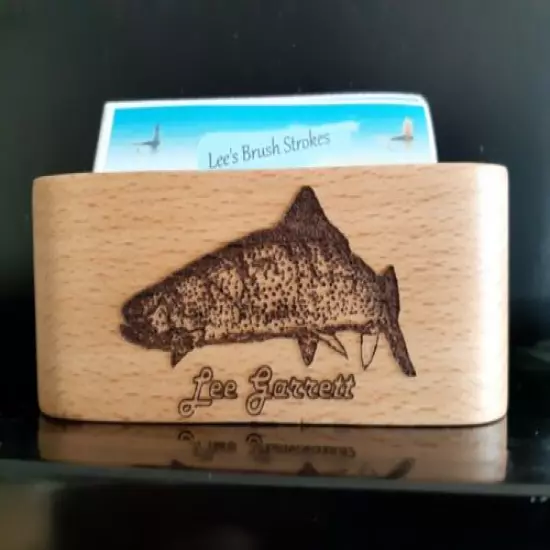 Personalized Beech Wood Business Card Holder Laser Engraved w/ Rainbow Trout 