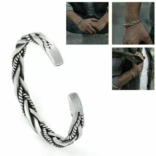 Men Thai Handmade Vintage Open Bangle Twisted Cuff Bracelet 925 Sterling Silver