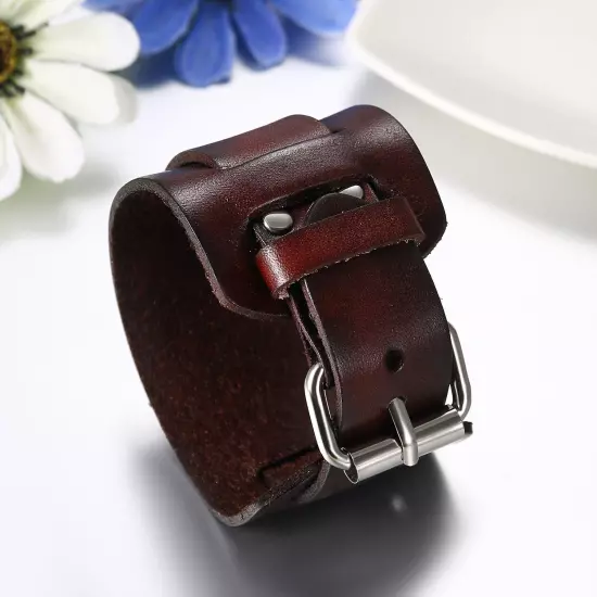 Men's Punk Wide Genuine Leather Belt Wristband Bangle Cuff Bracelet Adjustable