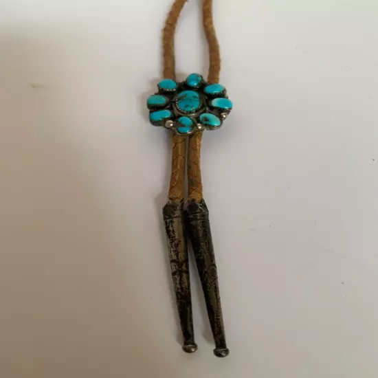 Vintage Native American Sterling Silver & Turquoise 1.25” Round Cluster Bolo Tie