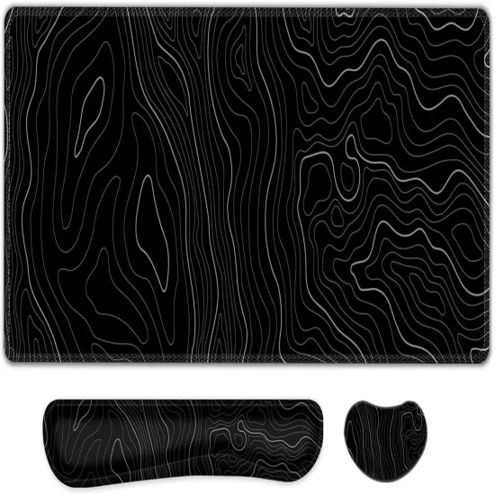 Black Topographic Mouse Pad with Wrist Rest, Keyboard Wrist Rest, Extended Gamin