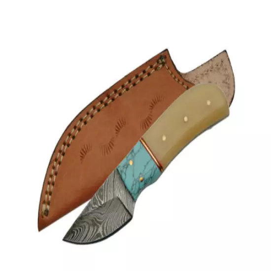 FIXED-BLADE HUNTING KNIFE | 3.5" Damascus Blade Turquoise Bone Handle Skinner