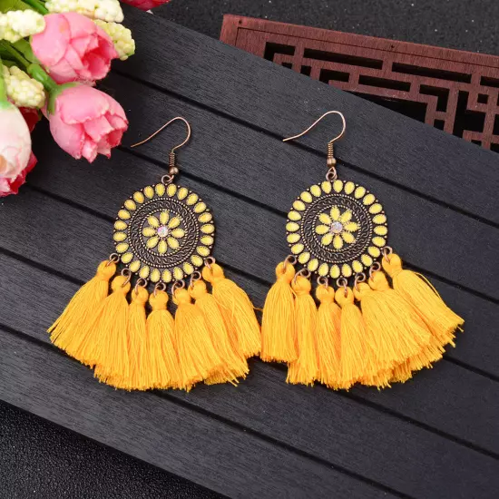 Fashion Women Bohemian Earrings Long Tassel Fringe Drop Dangle Ear Stud Jewelry