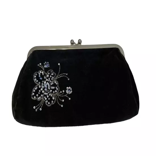 Express Beaded Sequined Clutch Purse Black Velvet Floral Beaded Appliqué New