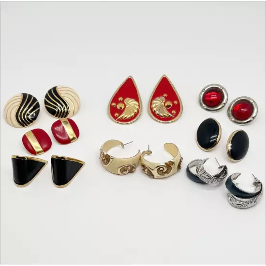 Lot of 8 Vintage Metal and Enamel Pierced Earrings Gold, Silver, Red, Black