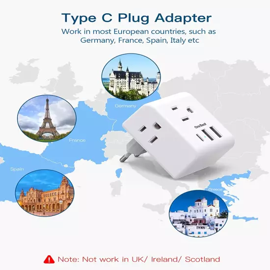 2 Pack European Travel Plug Adapter, International Power Plug Adapter with 3 Out