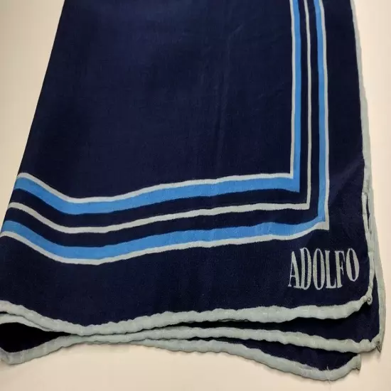 ADOLFO SCARF FINE SILK NAVY Baby BLUE STRIPED VINTAGE 80s MENS Silk HANDKERCHIEF