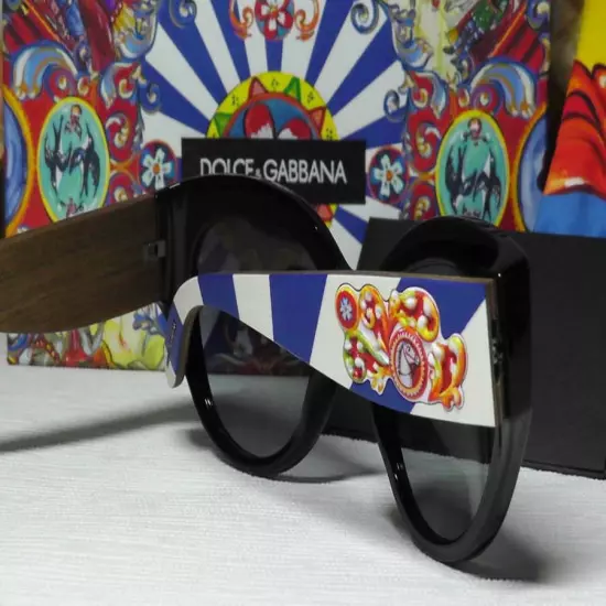 Dolce Gabbana Cat Eye Horse Emblem Sunglasses Colorful Arms Black Front 52-21-14