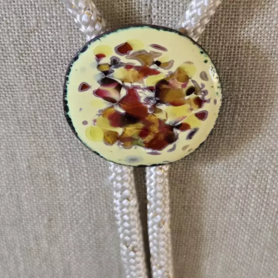 White Color Bolo Tie With Yellow Rust Color Oval Enamel 1.5"x1" Clasp 30" Tie