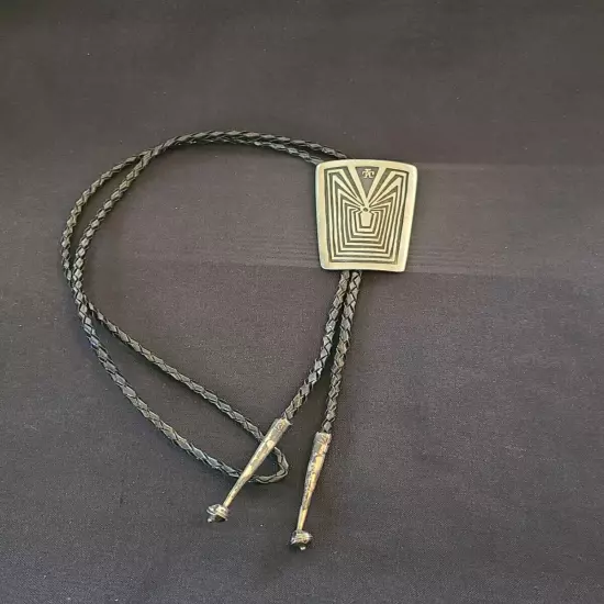 Hopi Overlay Man in the Maze Bolo Tie(Dented Bench Bead Tassels) Sterling Silver