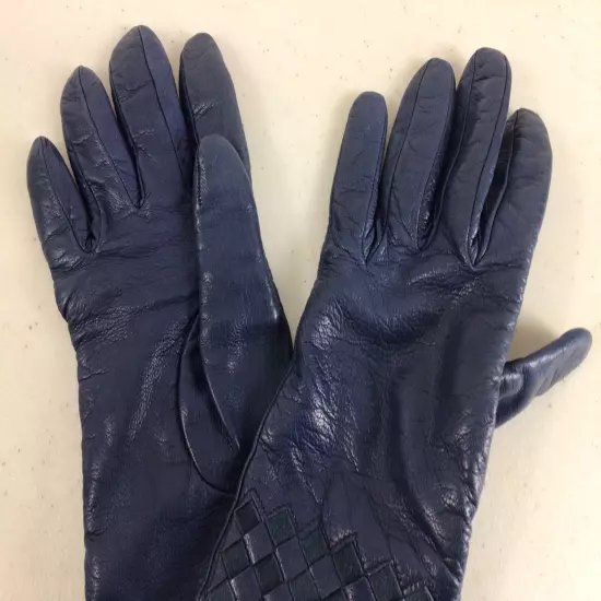 BLOOMINGDALES Blue Leather Gloves Womens 6 1/2