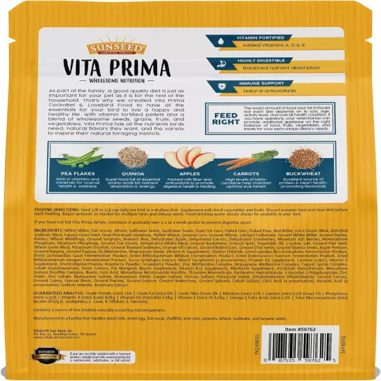 Vita Prima Wholesome Nutrition, Cockatiel & Lovebird Food, 3 Lb