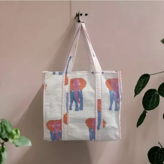 Women Quilted Elephant Printed Tote Bag shoulder Shopping Carry Bag Grocery Bag