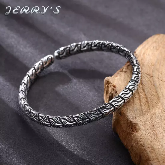 7MM Mens Vintage Real 925 Sterling Carved Bracelet Bangle Open Size 58MM in Dia