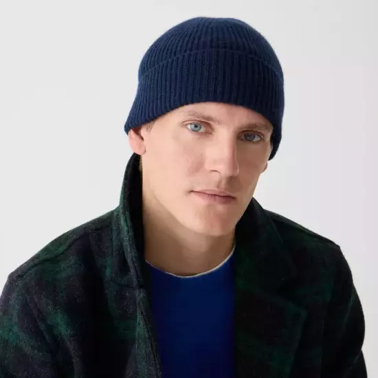 J. CREW 100% Cashmere Ribbed Beanie Hat, Navy, Men/Women