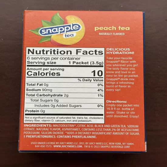 2 Snapple Peach Tea Sugar Free Drink Mix Singles to go Free Shipping