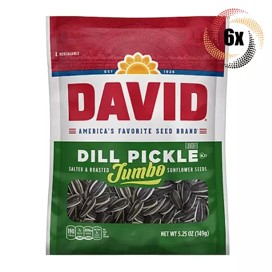 6x Bags David Dill Pickle Jumbo Sunflower Seed Bags | 5.25oz | Salted & Roasted