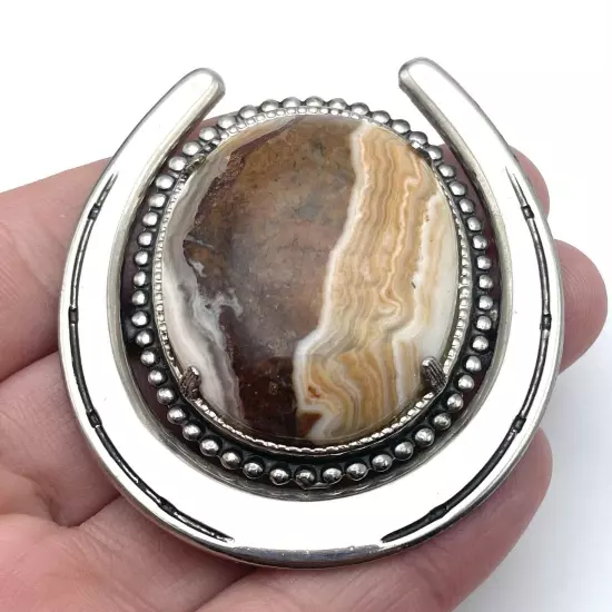 Horse Shoe Agate Stone Bolo Slide Silver Tone Lucky Horseshoe Western Brown *