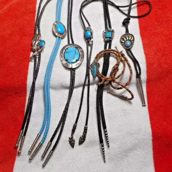 Bolo Ties LOT of 7 Faux Turquoise Southwest STyles Bear claw Concho Silver Tone