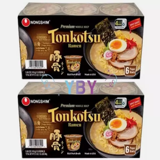 2 Packs Nongshim Tonkotsu Ramen Bowl, 3.56 oz, 6-count Each Pack, Total 12 Bowls