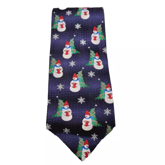 Snowman with Gift Christmas Winter Holiday Wavy Print Blue Vintage Silk Necktie